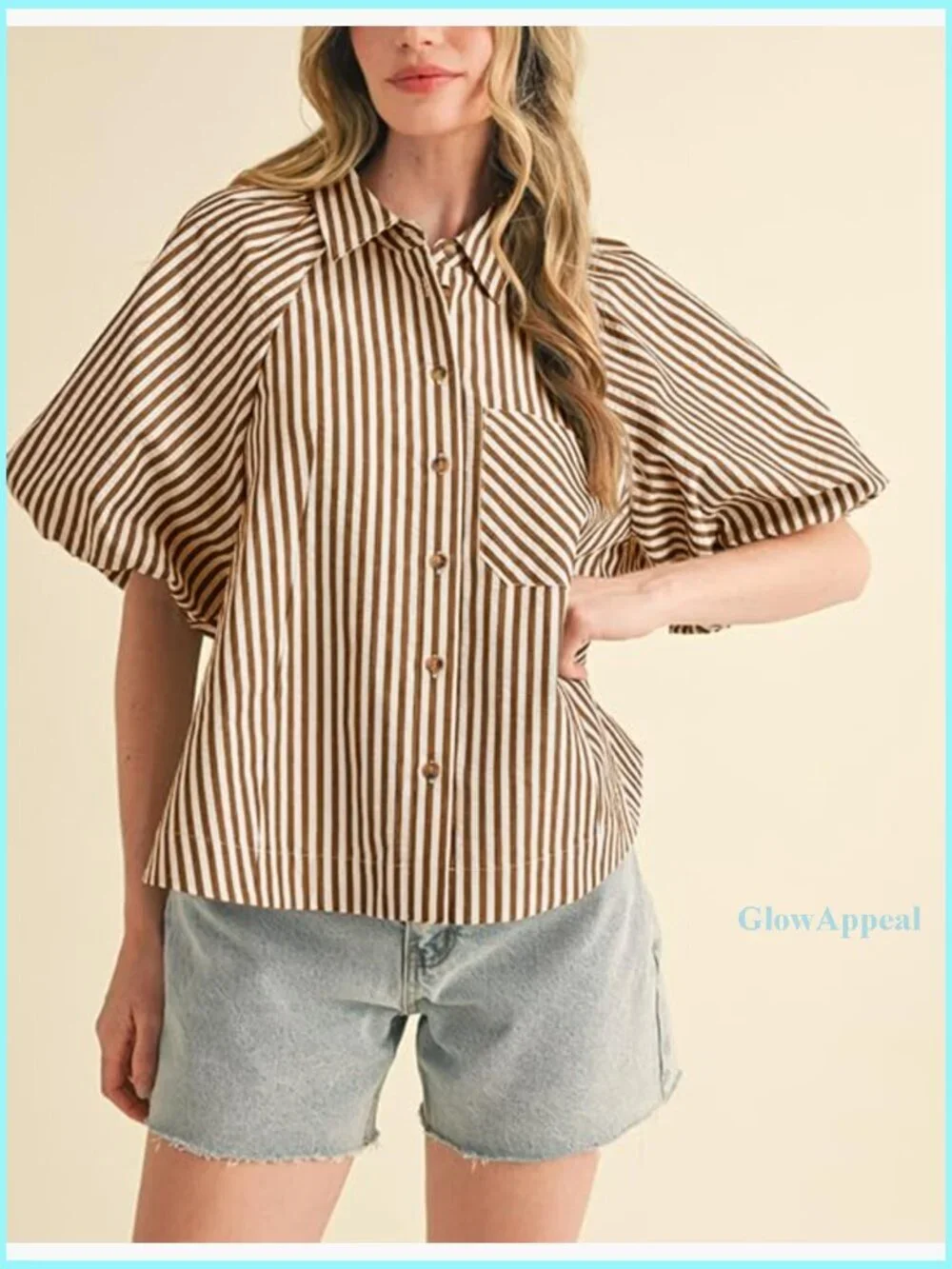 Striped Button Down Shirt Puff Sleeve Collared V Neck Loose Casual Blouse - Picture 4 of 7